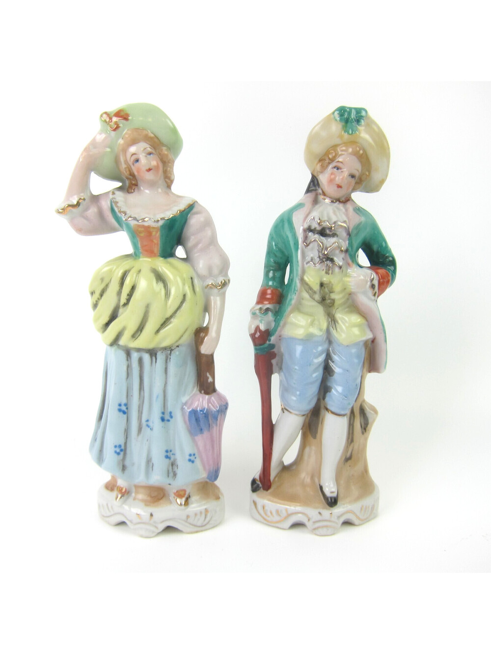 Vintage Colonial Lady & Man Porcelain Figurines 8" Hand Painted Japan 1940s-50s